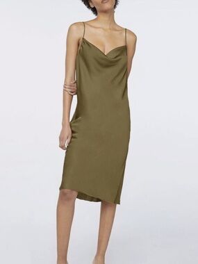 Frame Denim Olive Satin Cowl Midi Slip Dress